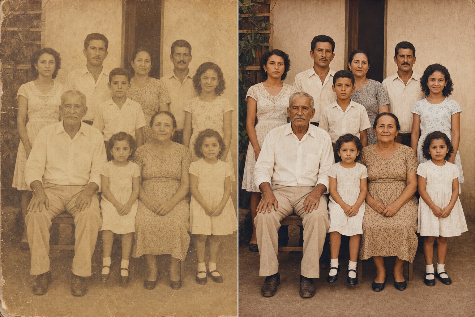 Comparativo de retrato de família antes e depois da restauração